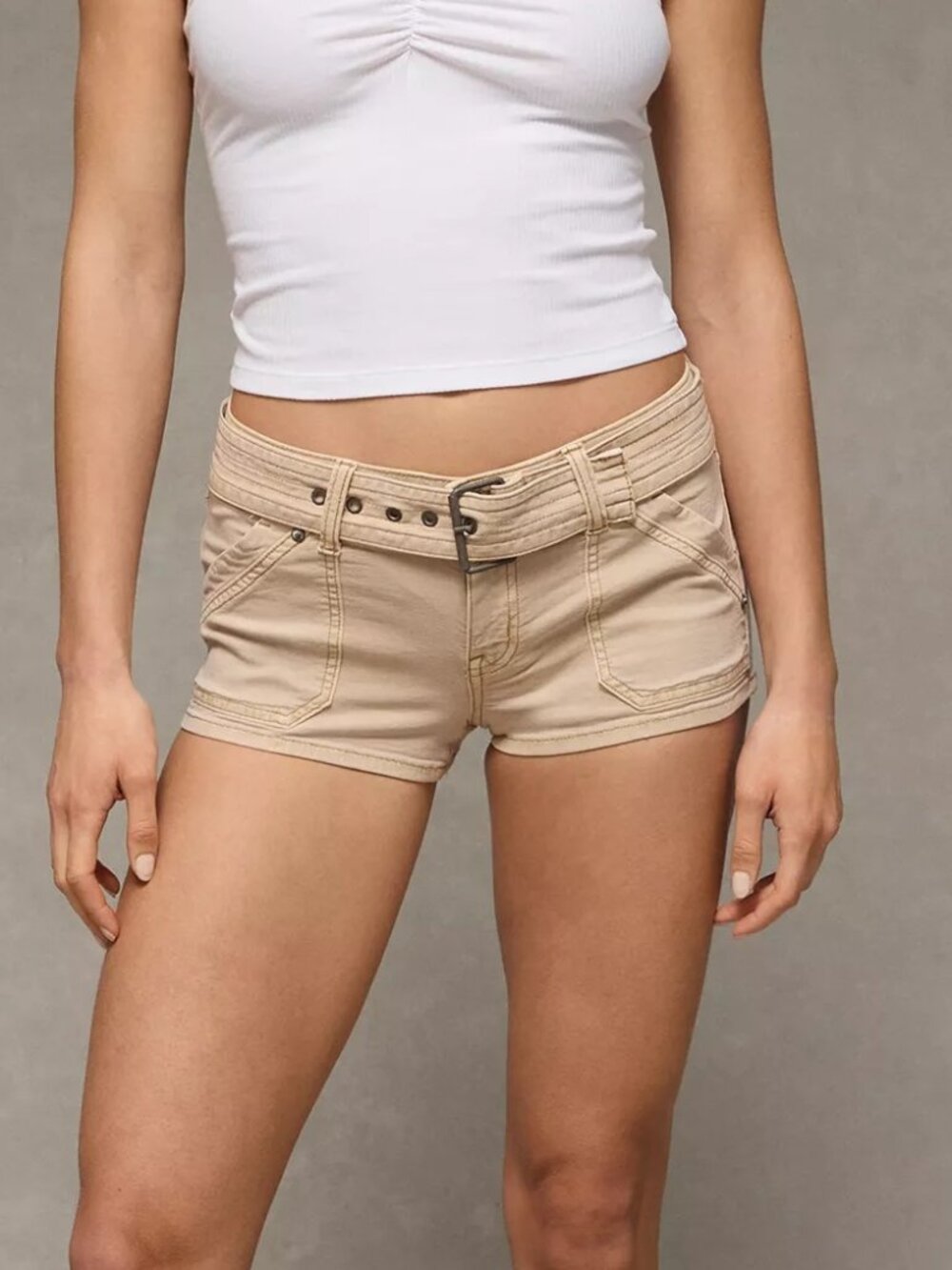 AMERICAN EAGLE Perfect Shortie Super Low Rise Belted Tan Shorts - Sz 18  NEW NWT